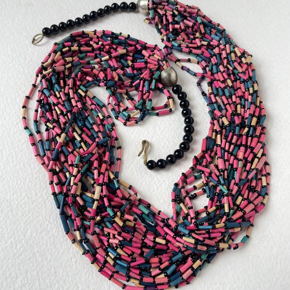 Hippy Boho Vintage Multi Strand Bamboo Bugle Bead Ethnic Statement Necklace Wood - Picture 1 of 4